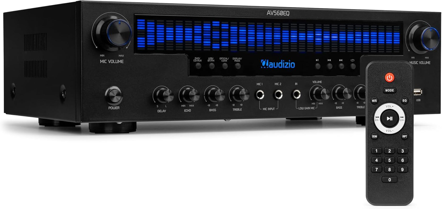 AV560EQ - 5.1 Hifi Verstärker Mit Bluetooth, 390 Watt AV Receiver & Stereoanlage Für Heimkino, TV & Musik - Verstärker Hifi Stereo Mit Subwoofer-Out, USB, Fm-Radio, 2X Mikrofon, Equalizer
