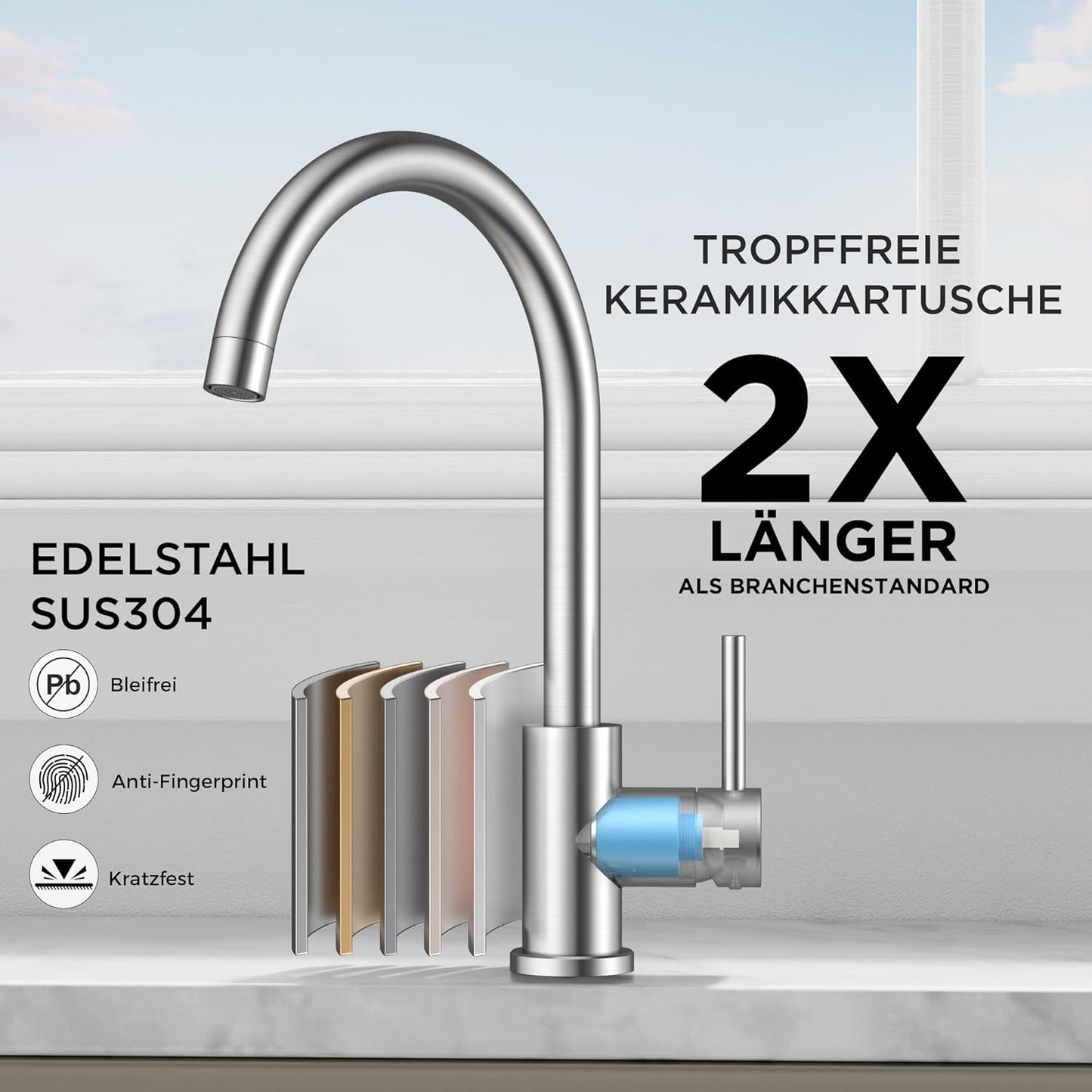 FORIOUS Wasserhahn Küche, Mischbatterie Armatur, Edelstahl, 360° Schwenkbar, Einhebel-Warm- Und Küchenarmatur, Edelstahl, Auslaufhöhe 238 Mm, Fingerzug