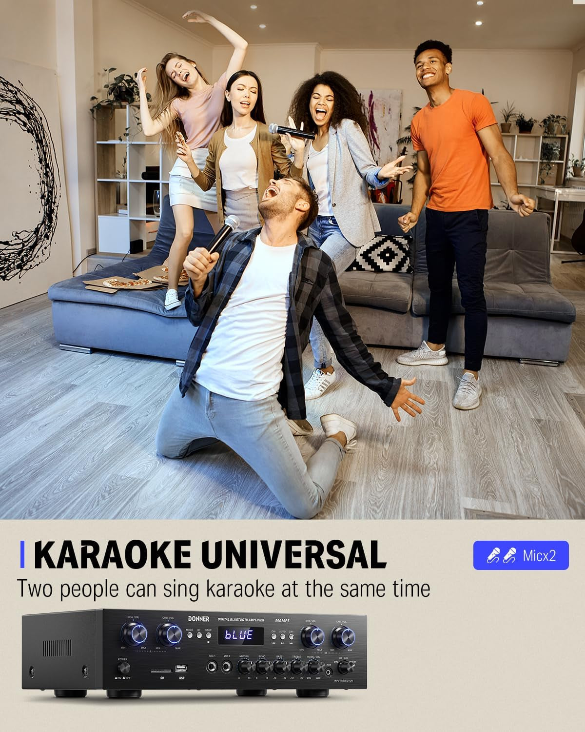 Audio Leistungsverstärker Bluetooth 5.0, Donner 440W Audio Verstärker 4 Kanal, Stereo Receiver Mit USB, SD, FM, 2 Mikrofoneingang Echo, RCA, LED, Für Studio, Heimkino, MAMP5