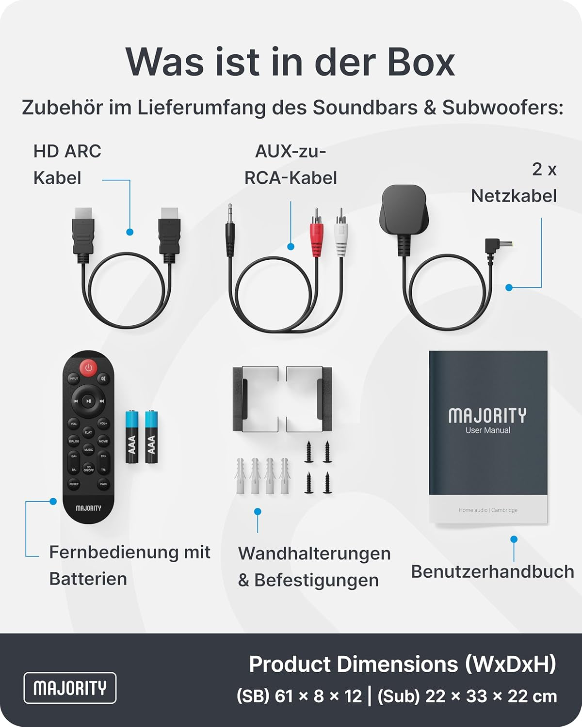 MAJORITY Naga 60 plus Soundbar Für TV Geräte | 300W 2.1 Soundbar Mit Subwoofer | Heimkino Soundsystem HMDI ARC | Sound Bar Bluetooth | Wandmontierbares Sound System | Inklusive Fernbedienung