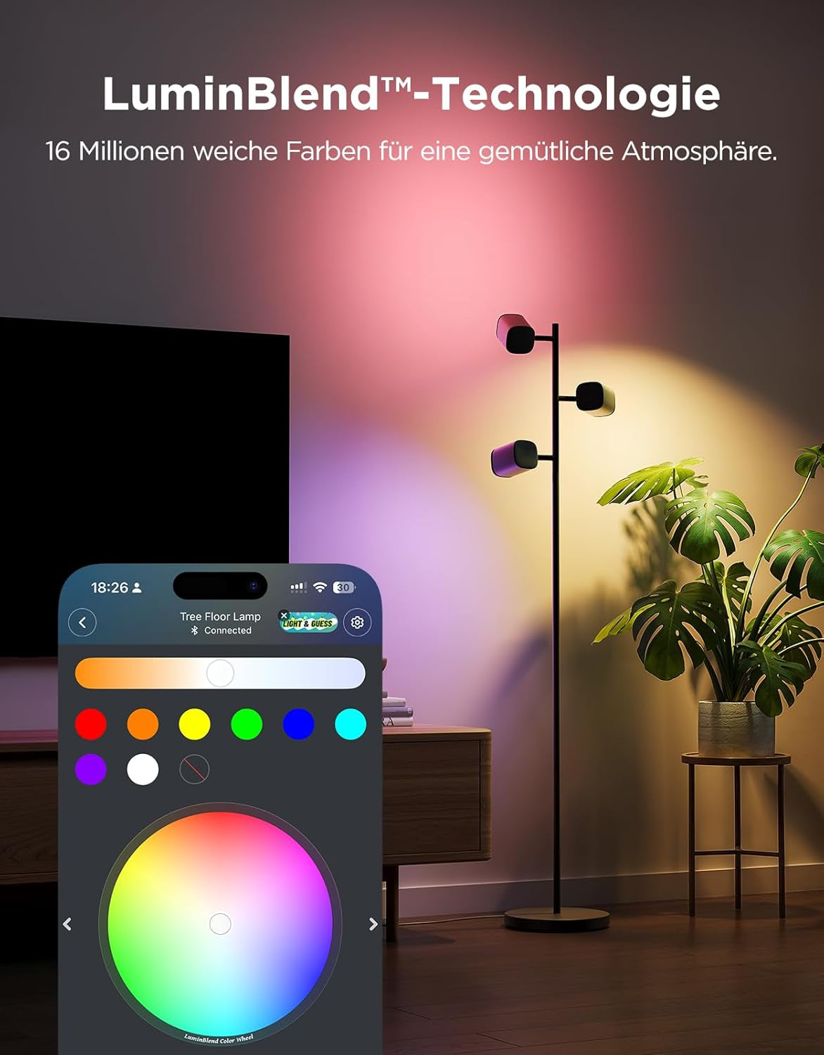 Govee 3-Flammen LED Stehlampe, RGBWW Fokus-Verstellbar Stehleuchte, 1500Lm, Matter Alexa Kompatibel, 64+ Szenen, Musik Sync, 157Cm Stehlampen Schwarz Für Wohnzimmer, Schlafzimmer, Lesezimmer Deko
