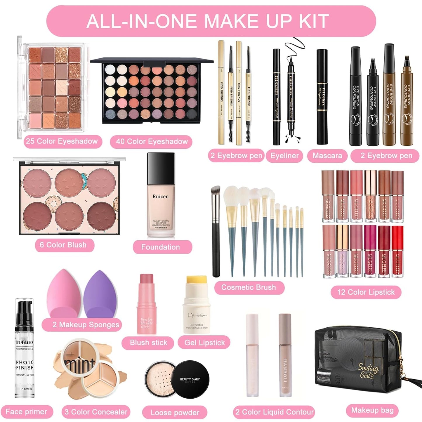 Make up Set Für Den Perfekten Full Face Look, 43-Teiliges Make up Set Für Frauen Mit 60 Color Lidschatten, Mascara, Eyeliner, Lipgloss, Makeup Set Für Unterwegs