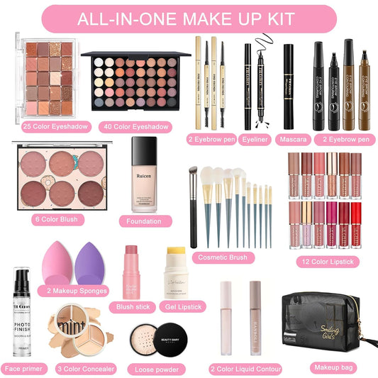 Make up Set Für Den Perfekten Full Face Look, 43-Teiliges Make up Set Für Frauen Mit 60 Color Lidschatten, Mascara, Eyeliner, Lipgloss, Makeup Set Für Unterwegs