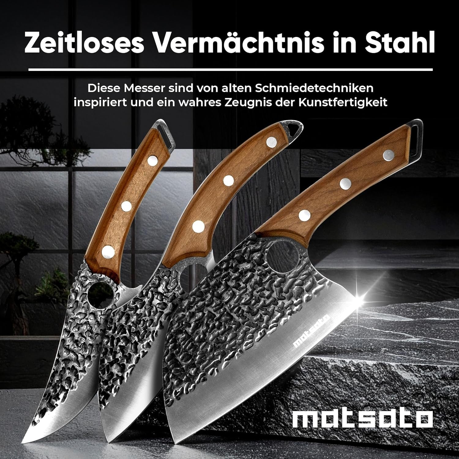 Matsato Messerset 3-Teilig | Scharfes Küchenmesser Set, Vielseitige Messer Für Fleisch, Fisch & Gemüse, Ergonomischer Griff, Ideal Für BBQ