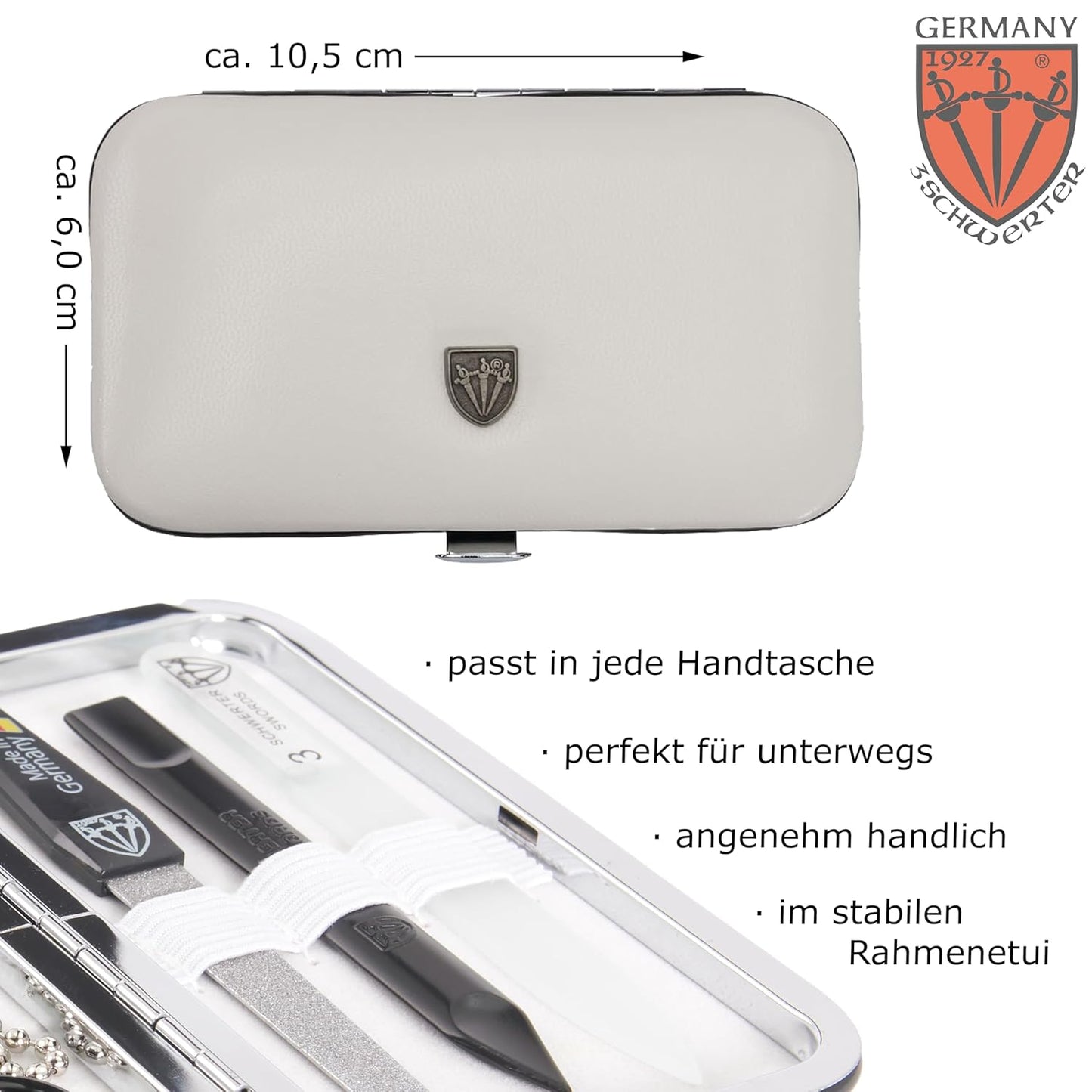 DREI SCHWERTER - Germany 6-Tlg. Maniküre Set 'Catania' Nagelset Mit Hautschere, Nagelknipser, Pinzette, Saphirnagelfeile, Glasnagelfeile, Nagelreiniger Im Rahmenetui - Weiss/Schwarze Instrumente
