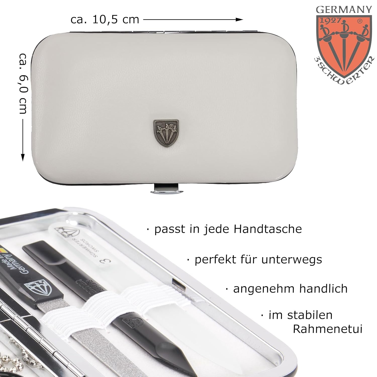 DREI SCHWERTER - Germany 6-Tlg. Maniküre Set 'Catania' Nagelset Mit Hautschere, Nagelknipser, Pinzette, Saphirnagelfeile, Glasnagelfeile, Nagelreiniger Im Rahmenetui - Weiss/Schwarze Instrumente