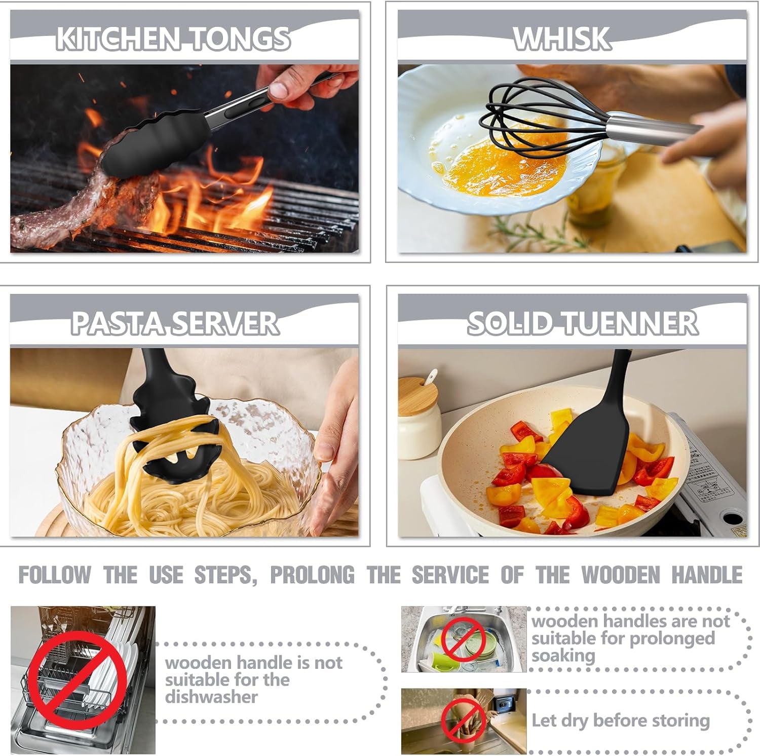 Küchenutensilien-Set – 34-Teiliges Silikon-Kochutensilien Mit Halter, Hitzebeständig, Antihaftbeschichtet, Kochgeschirr, Zange, Spatel, Löffel-Set, Holzgriffe, Küchenutensilien Und Gadgets (Schwarz)