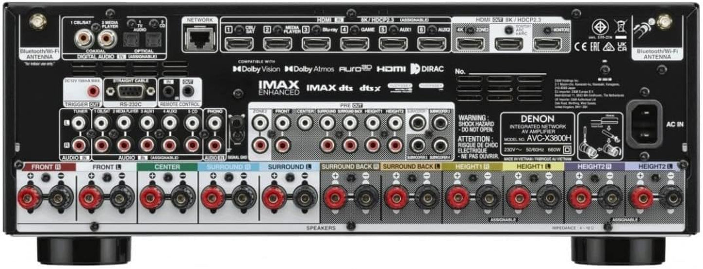 Denon AVC-X3800H 9.4-Kanal Av-Receiver, Verstärker Mit Auro-3D, Dolby Atmos, DTS:X, 6 "8K-Eingänge Und 3 Ausgängen, Bluetooth, Airplay 2, Heos-Multiroom, Alexa Kompatibel, Schwarz