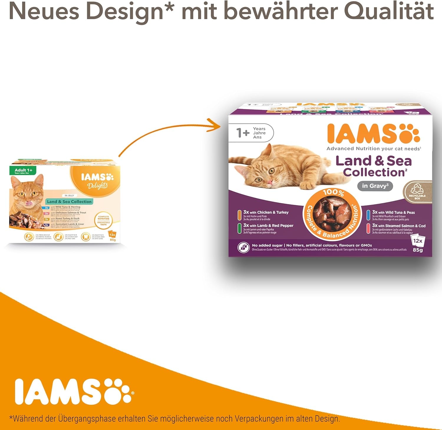 IAMS Delights Land & Sea Collection Katzenfutter Nass - Multipack Mit Fleisch Und Fisch Sorten in Sauce, Nassfutter Für Katzen Ab 1 Jahr, 72 X 85 G