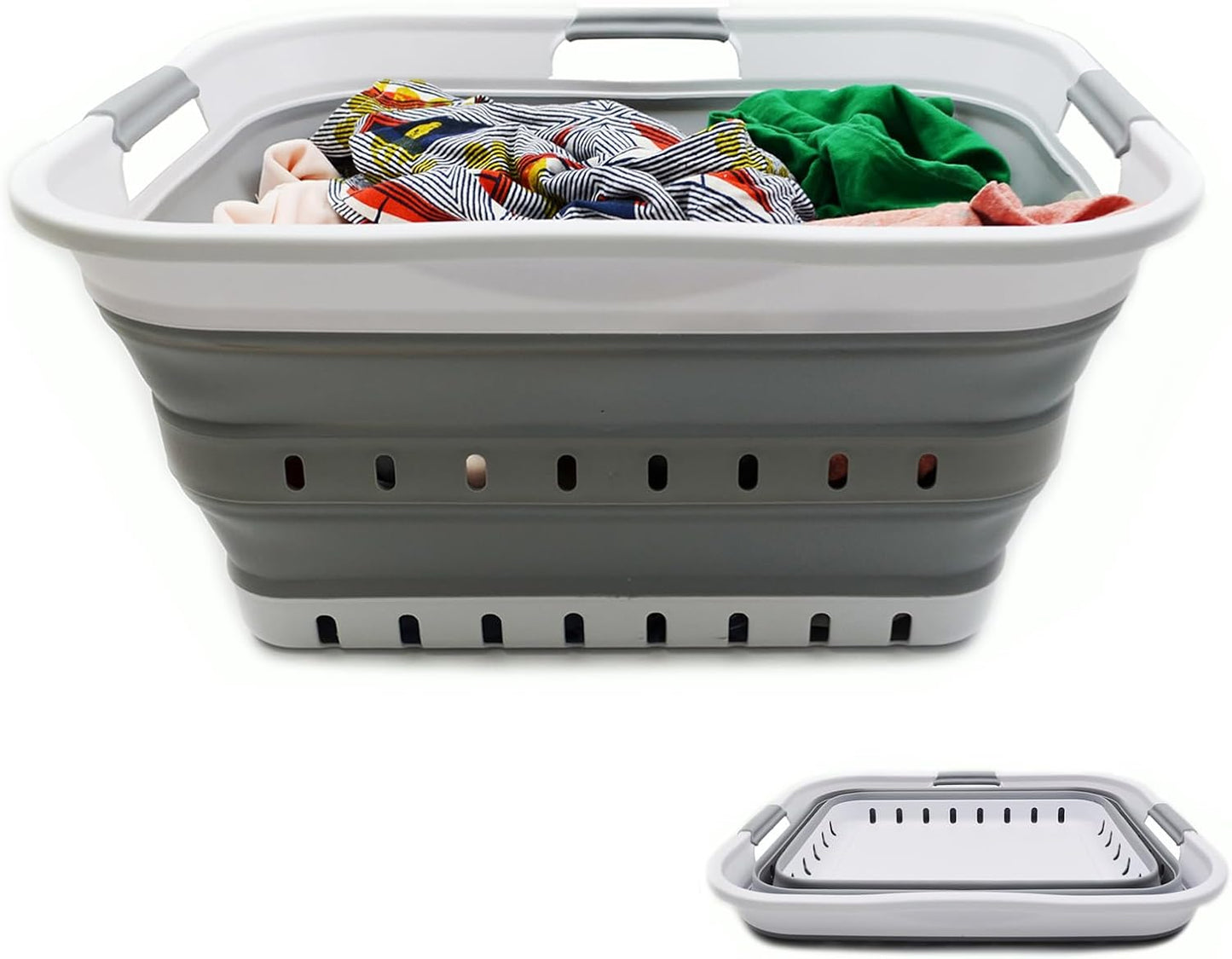 SAMMART 42L Faltbarer Wäschekorb Aus Kunststoff – Faltbarer Pop-Up-Aufbewahrungsbehälter/Organizer – Tragbarer Wäschekorb – Platzsparender (1, Weiß/Grau)