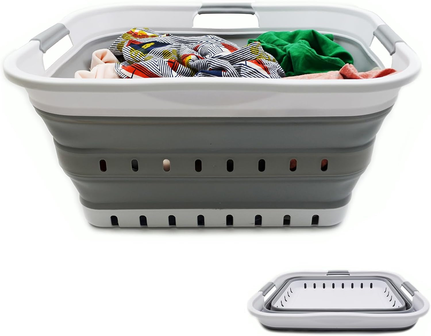 SAMMART 42L Faltbarer Wäschekorb Aus Kunststoff – Faltbarer Pop-Up-Aufbewahrungsbehälter/Organizer – Tragbarer Wäschekorb – Platzsparender (1, Weiß/Grau)