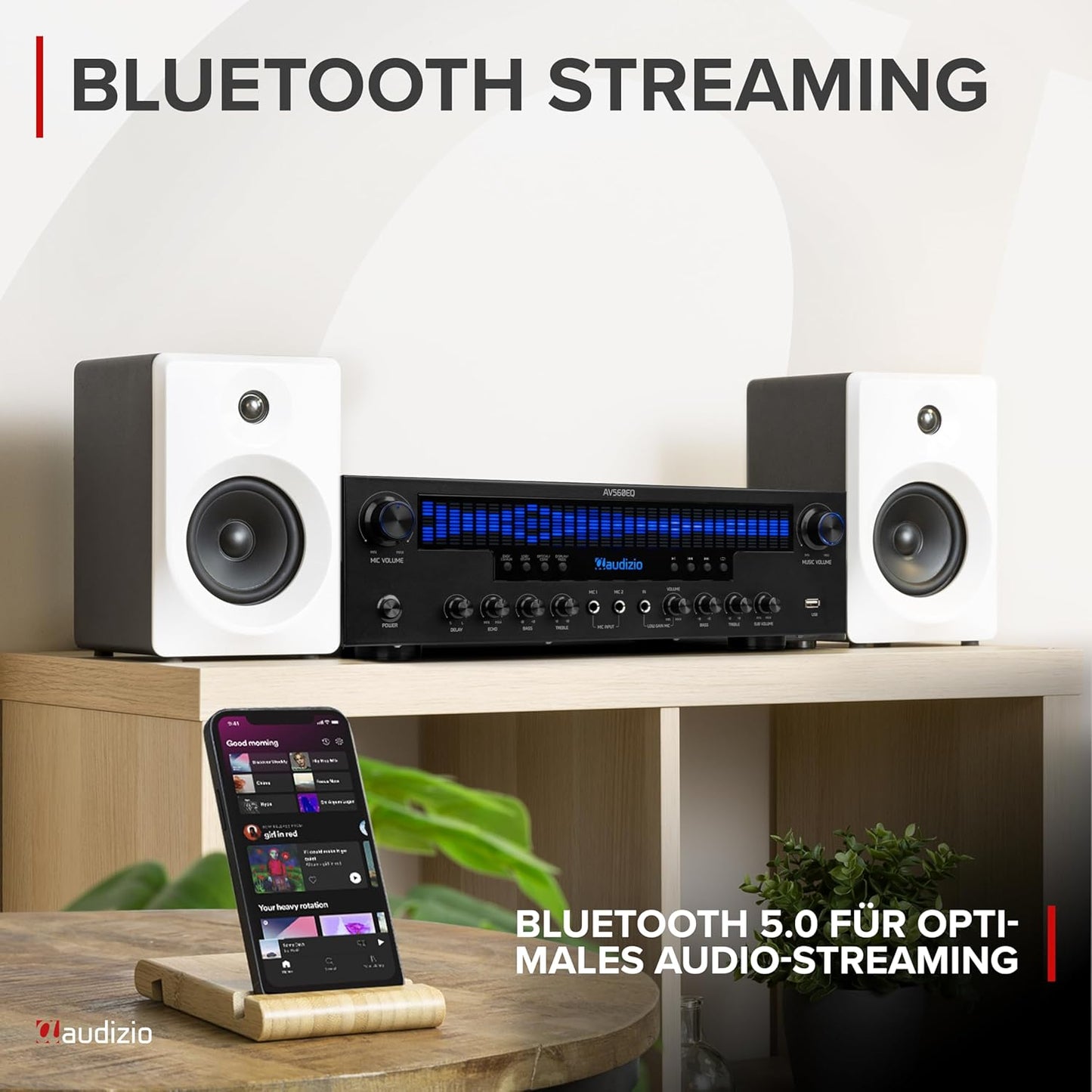 AV560EQ - 5.1 Hifi Verstärker Mit Bluetooth, 390 Watt AV Receiver & Stereoanlage Für Heimkino, TV & Musik - Verstärker Hifi Stereo Mit Subwoofer-Out, USB, Fm-Radio, 2X Mikrofon, Equalizer