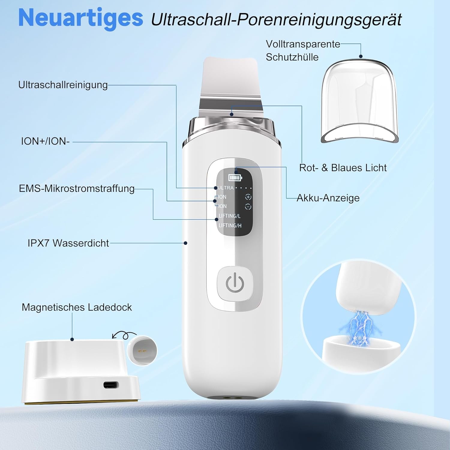 Skin Scrubber Ultraschall, Porenreiniger Gesicht Mit 4 Modi Und IPX7 Wasserdicht, Rotes Blaues Licht, Led-Anzeige Und 5-Minuten-Autoabschaltung Mitesserentferner Gesichtsreinigung Gerät