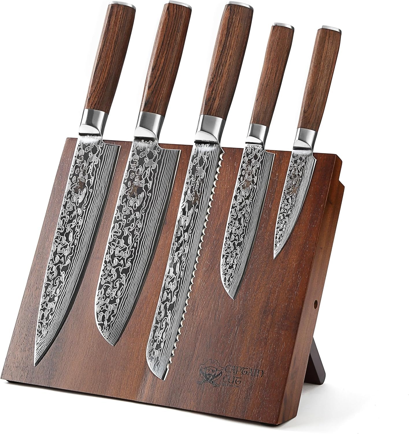 5-Teiliges Edelstahl Küchenmesser Set Mit Damast Optik Inklusive Magnetischem Messerblock I 5 Küchenmesser Mit Pakkaholzgriff Im Set I Messerset Mit Block Aus Akazienholz
