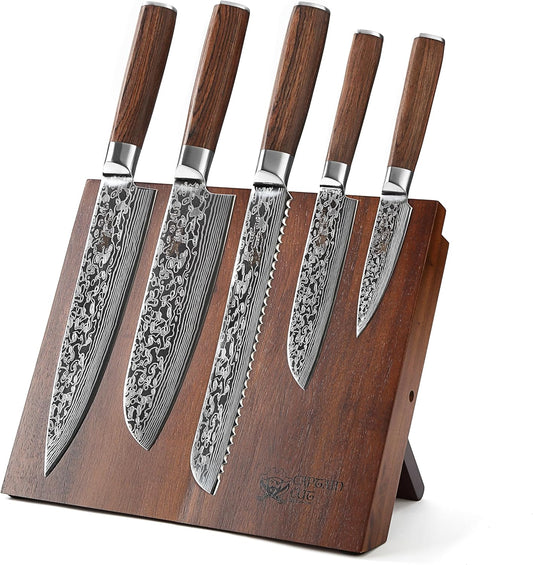 5-Teiliges Edelstahl Küchenmesser Set Mit Damast Optik Inklusive Magnetischem Messerblock I 5 Küchenmesser Mit Pakkaholzgriff Im Set I Messerset Mit Block Aus Akazienholz