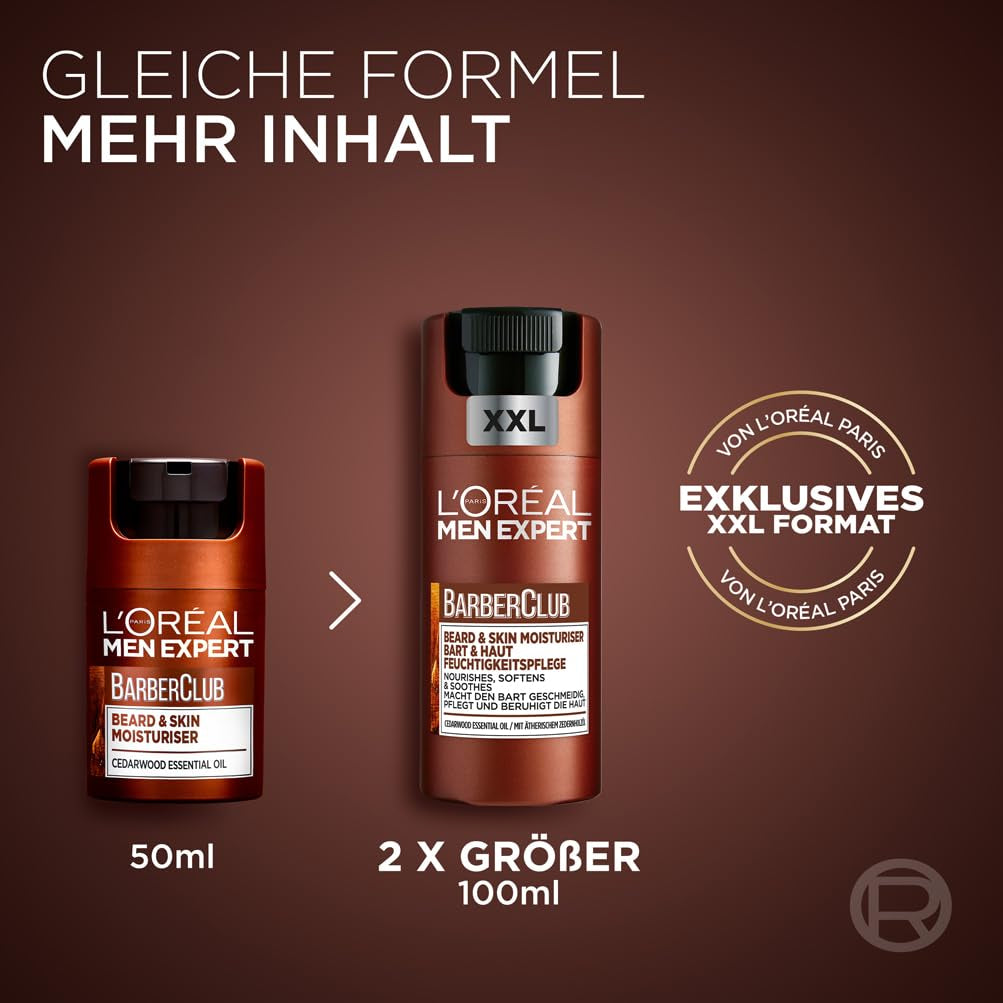 L'Oréal Men Expert Bart & Haut XXL Feuchtigkeitspflege Für Männer, Gesichtscreme Für Den 3-Tage-Bart, Bartpflege Für Herren Mit Zedernholzöl, Barber Club, [Amazon Exclusive], 1 X 100 Ml