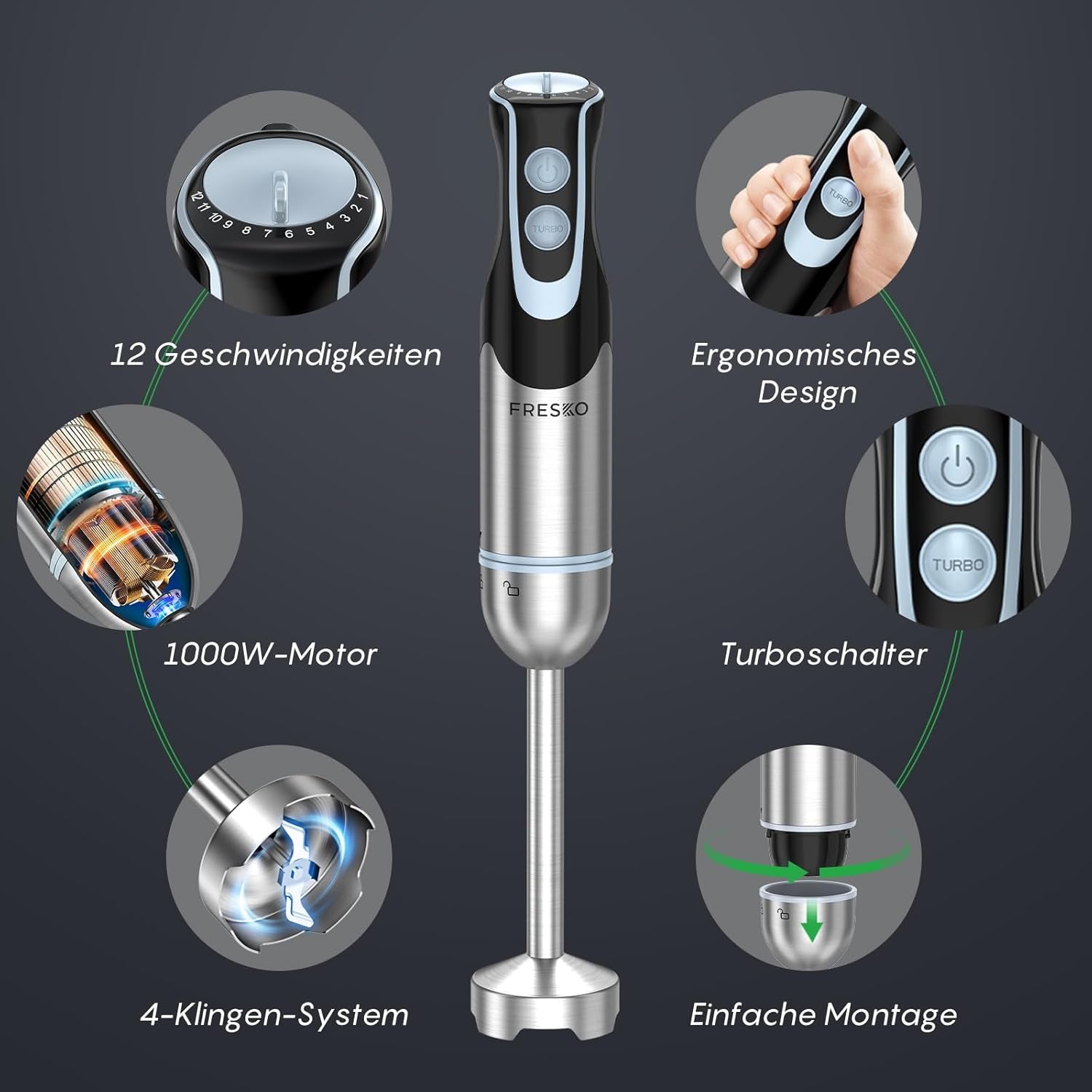 FRESKO 4-In-1 Stabmixer Edelstahl, 1000W Pürierstab Mit 12 Geschwindigkeiten Und Turbo-Modi, Inklusive Schneebesen, 500Ml Lebensmittelhacker Und 700Ml Messbecher, Für Babynahrung, Suppe, Smoothies