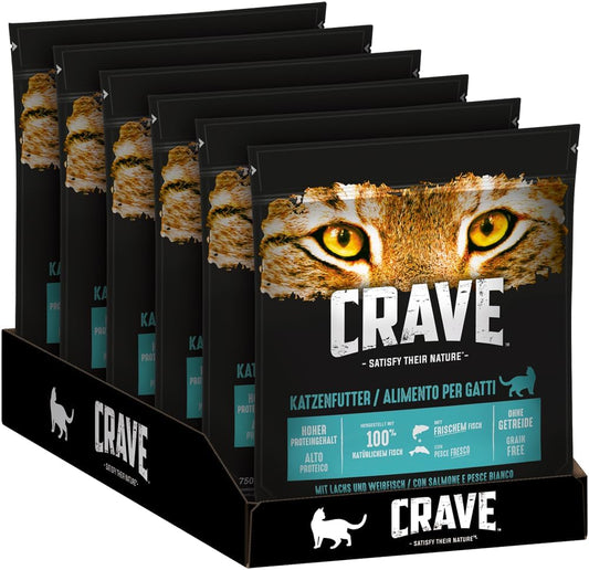 Crave Adult Trockenfutter Mit Lachs & Weißfisch, 6 Beutel, 6X750G – Premium Katzenfutter Trocken Mit Hohem Proteingehalt Und Ohne Getreide – Hergestellt Mit 100 Prozent Natürlichem Fisch