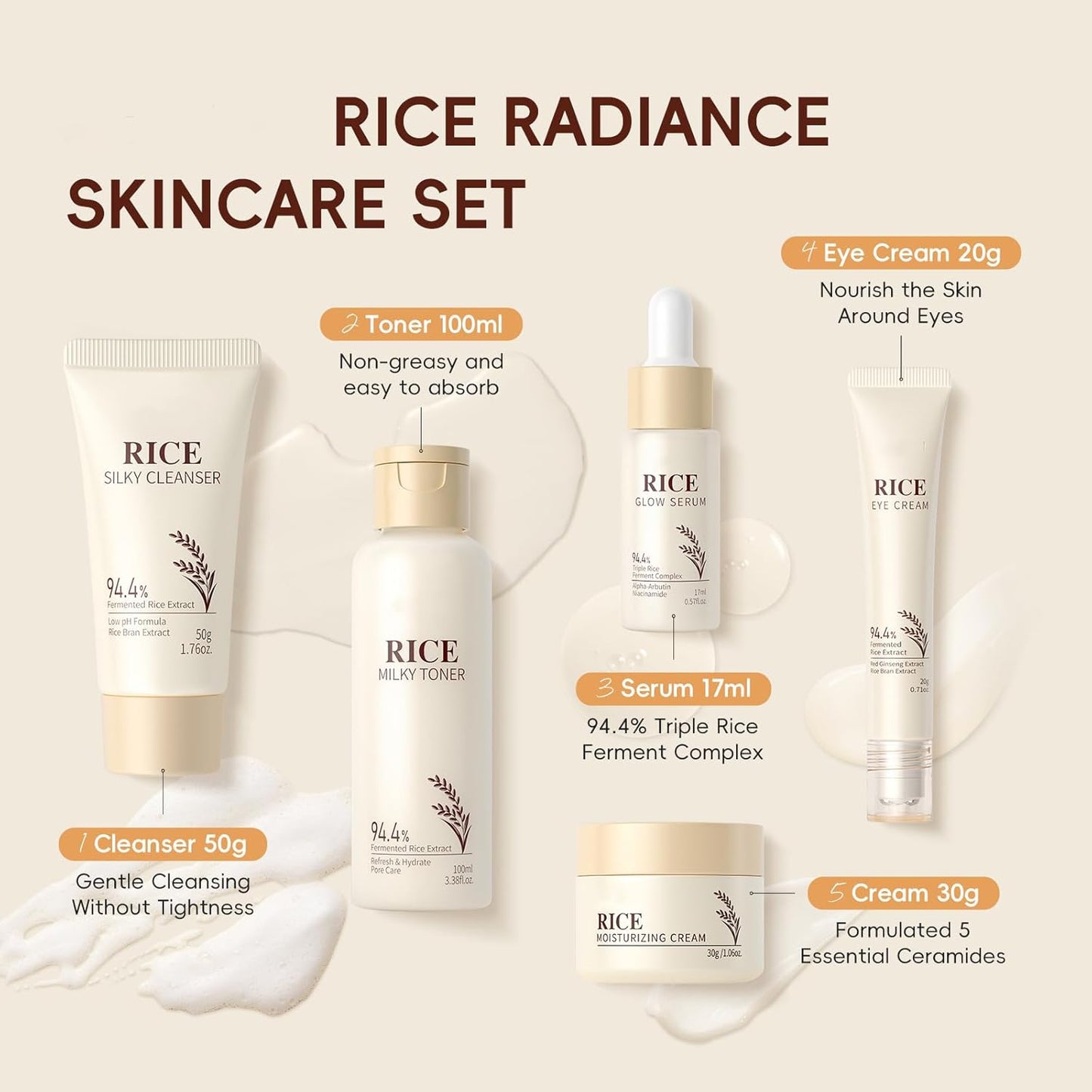 Rice Skincare Set 5-Teiliges Koreanisches Hautpflegeset Für Strahlende Haut - Glatte Gesichtspflegesets Mit Reiniger, Reiswasser, Serum, Augencreme, Gesichtscreme, Geschenkset Für Frauen Mädchen