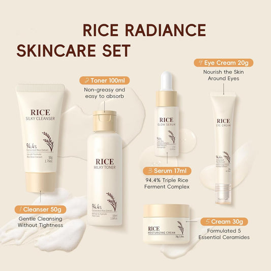 Rice Skincare Set 5-Teiliges Koreanisches Hautpflegeset Für Strahlende Haut - Glatte Gesichtspflegesets Mit Reiniger, Reiswasser, Serum, Augencreme, Gesichtscreme, Geschenkset Für Frauen Mädchen