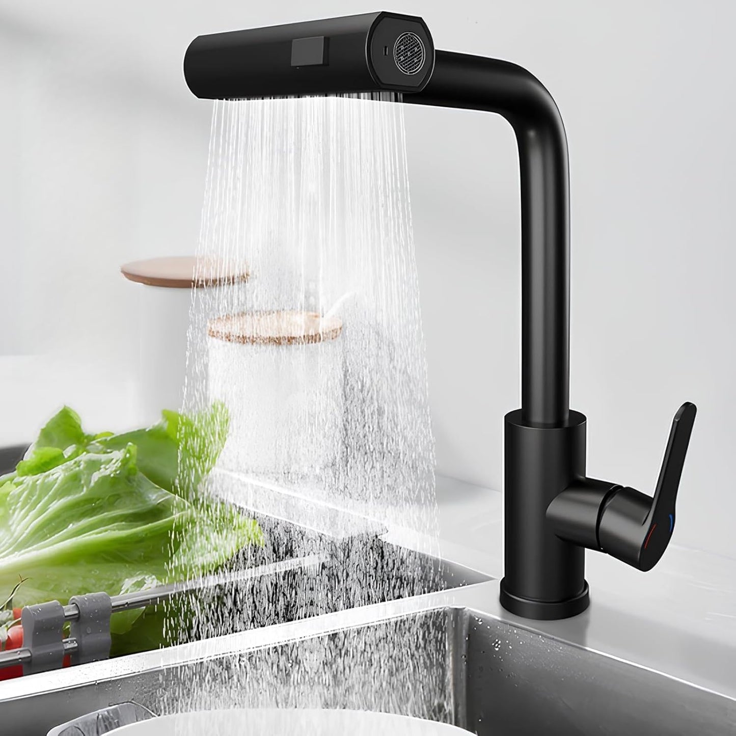 Wasserhahn Küche Küchenarmatur Schwarz - Waterfall Spültischarmatur Ausziehbar Mit Brause Mischbatterie Spüle 360° Drehbar Armatur Edelstahl Mit 3 Strahlarten Küchenwasserhahn