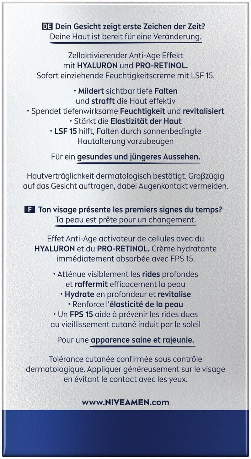 NIVEA MEN Anti-Age Hyaluron Feuchtigkeitscreme, Gesichtspflege Für Männer Mit Hyaluron, Pro-Retinol Und LSF 15, Gesichtscreme Für 24H Feuchtigkeit Und Sichtbare Faltenmilderung (50 Ml)