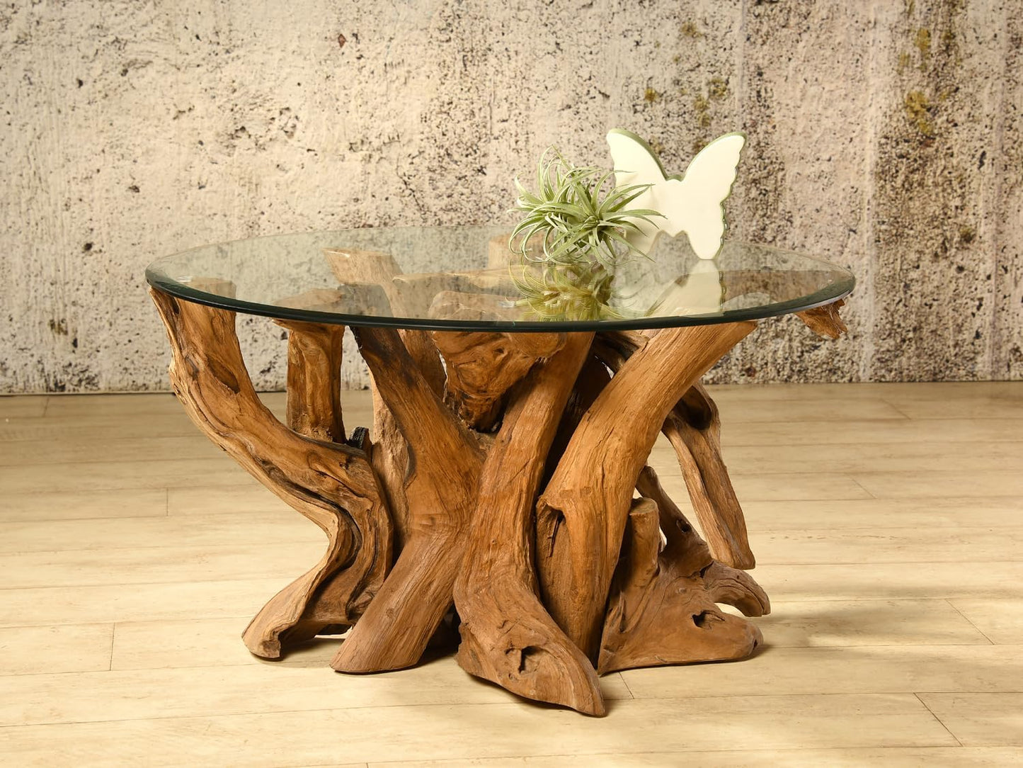 Koroba Couchtisch Sofatisch Wurzelholz Wohnzimmertisch Mit Glasplatte