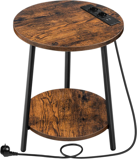 HOOBRO Beistelltisch Mit Ladestation, Runder Couchtisch Mit 2 Ebenen, Wohnzimmertisch, Nachttisch Für Kleine Räume, Sofatisch Für Wohnzimmer, Schlafzimmer, Vintagebraun Und Schwarz EBF67CBZ01