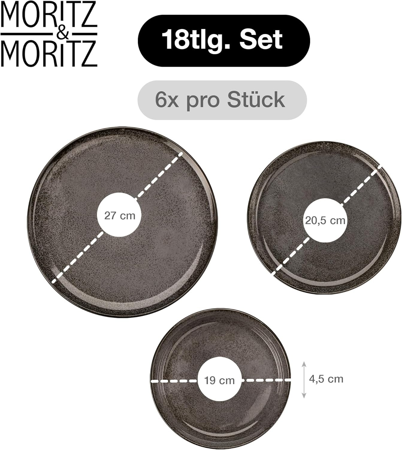 Moritz & Moritz VIDA Geschirrset 6 Personen Anthrazit 18-Tlg. - Modernes Porzellan Geschirr Set - Kratz-, Mikrowellen- & Spülmaschinenfest, Essgeschirr, Tafelservice, Kombiservice 6 Personen