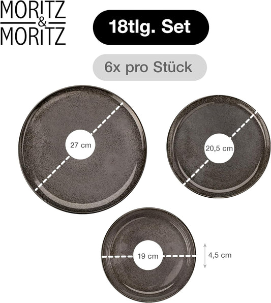 Moritz & Moritz VIDA Geschirrset 6 Personen Anthrazit 18-Tlg. - Modernes Porzellan Geschirr Set - Kratz-, Mikrowellen- & Spülmaschinenfest, Essgeschirr, Tafelservice, Kombiservice 6 Personen