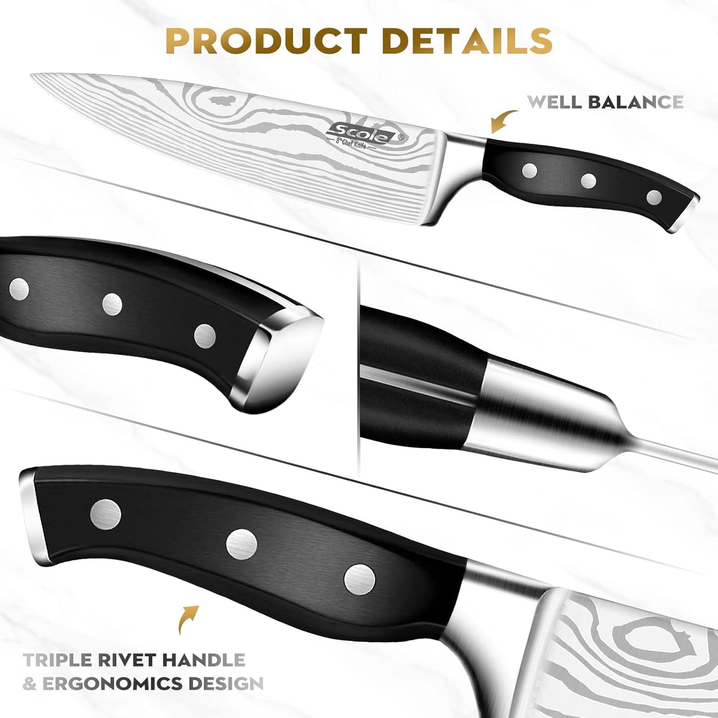 SCOLE® Messerset, Ultra Scharfes Küchenmesser Set 7-Teilig, Japanisches Deutsch 1.4116 Edelstahl Messer Set Profi Chefmesser Set Mit Ergonomisches Griff Mit Geschenkbox