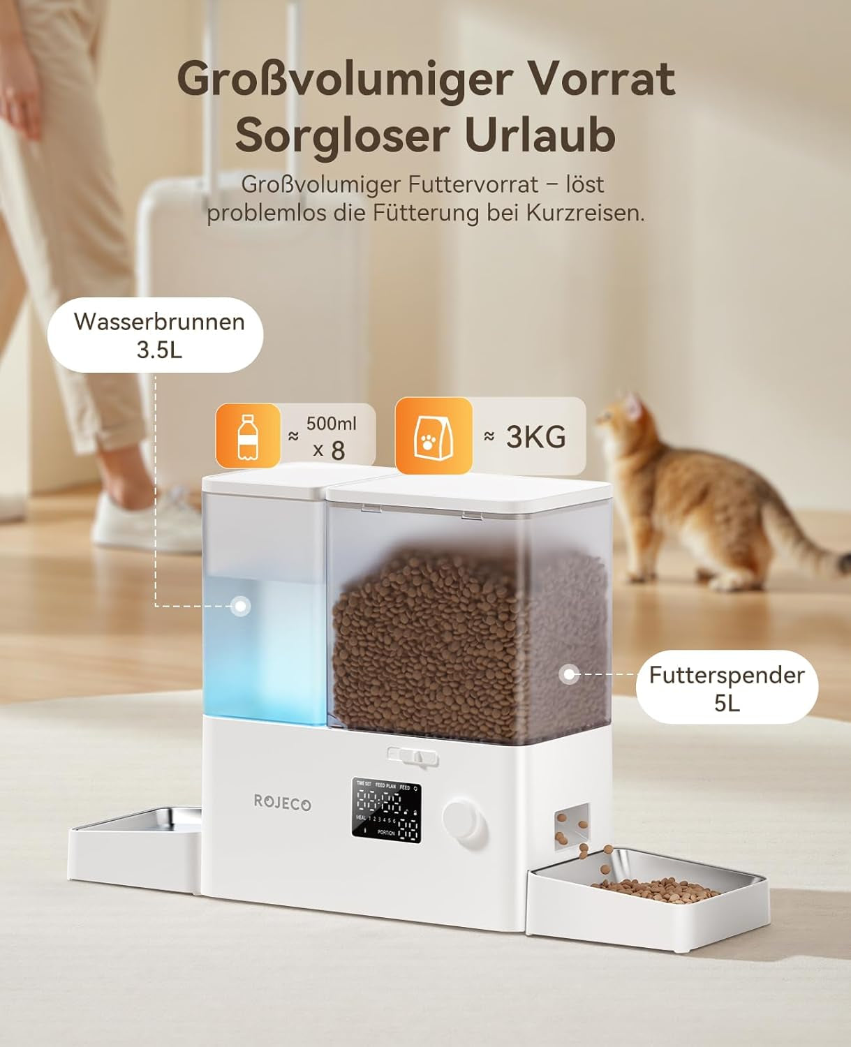 Rojeco 2-In-1 Futterautomat Und Wasserspender, 5L Trockenfutter Automat Für Katzen Mit 3.5L Wassertank, Programmierbarer Futterspender Katze Mit Led-Display, Für Kleine Und Mittelgroße Haustiere