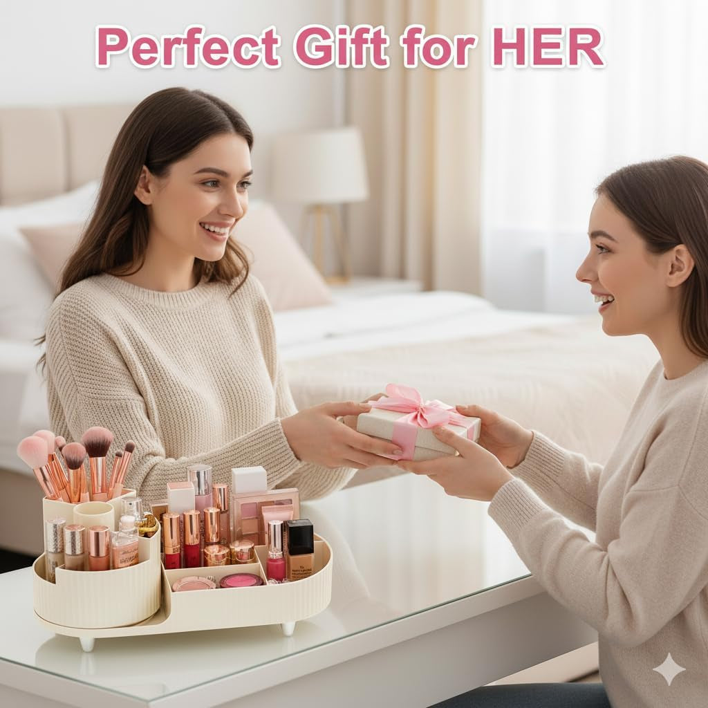 Make up Organizer 360° Drehbar, Großer Bad Kosmetik Organizer Mit Aufbewahrungsbox Für Schminktisch – Inkl. Makeup Pinsel Reiniger (Beige)