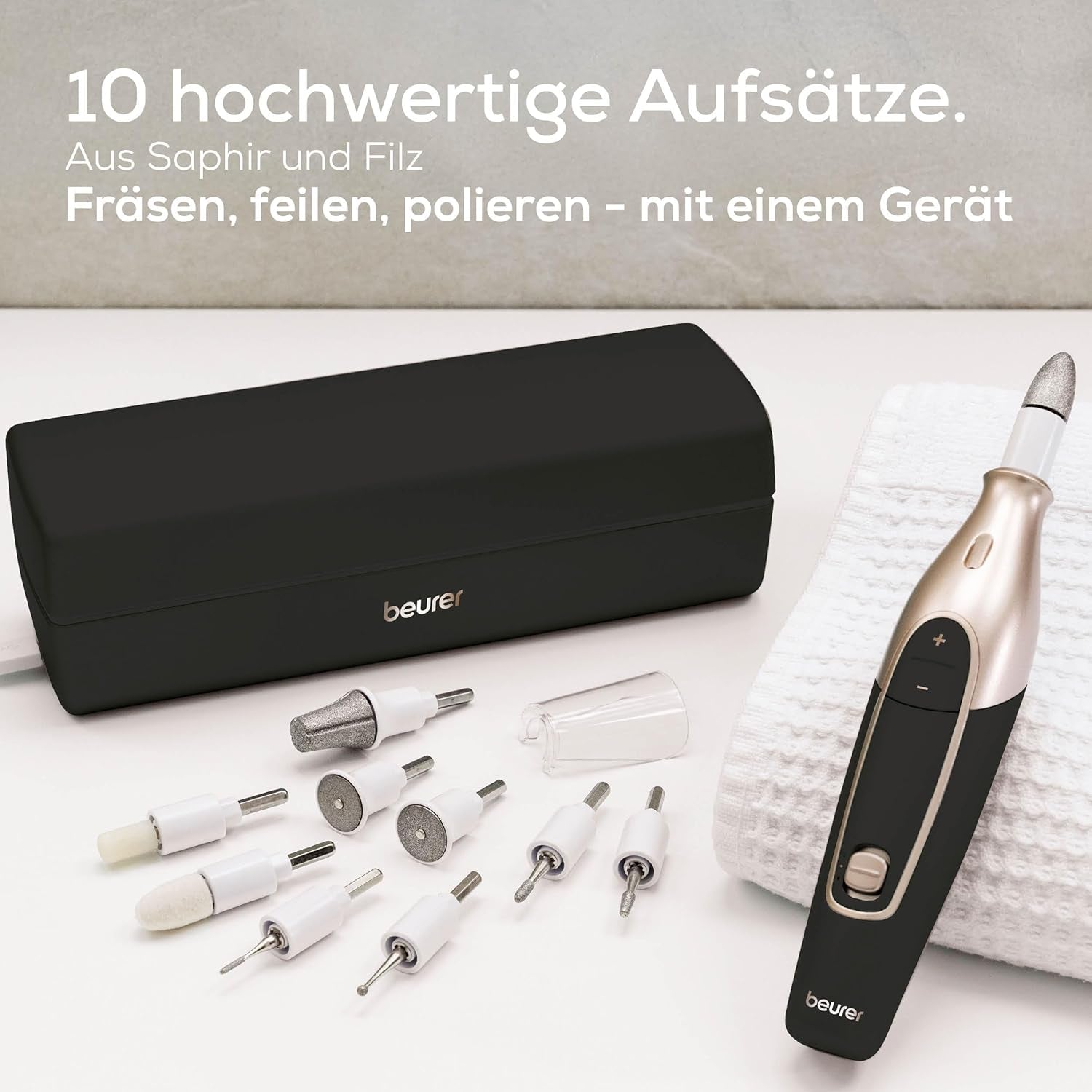 Beurer MP 84 Special Edition Maniküre-/Pediküreset, Elektrische Nagelfeile Mit Akku, 10 Aufsätze, Led-Licht, Inkl. Aufbewahrungsetui, Bis Zu 4400 U/Min, Nagelfräser Zur Hand- Und Fußpflege, Schwarz