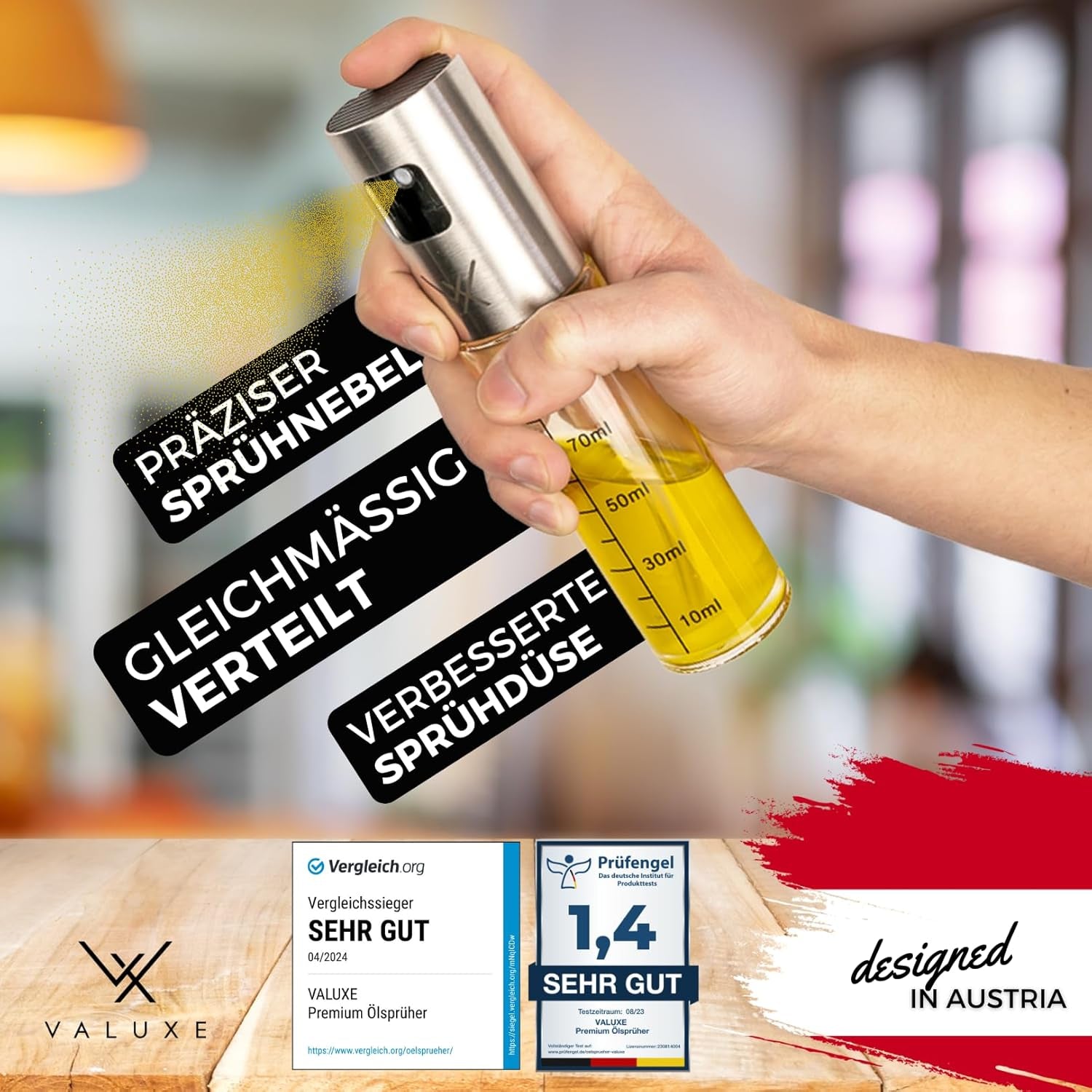 VALUXE® Ölsprüher - Das ORIGINAL - Extrem Präzise Öl-Sprühflasche Aus Edelstahl Und Glas - Multifunktionaler Premium Öl-Spray - Coole Küchen Gadgets Für Speiseöl - Oil Spray Zum Kochen
