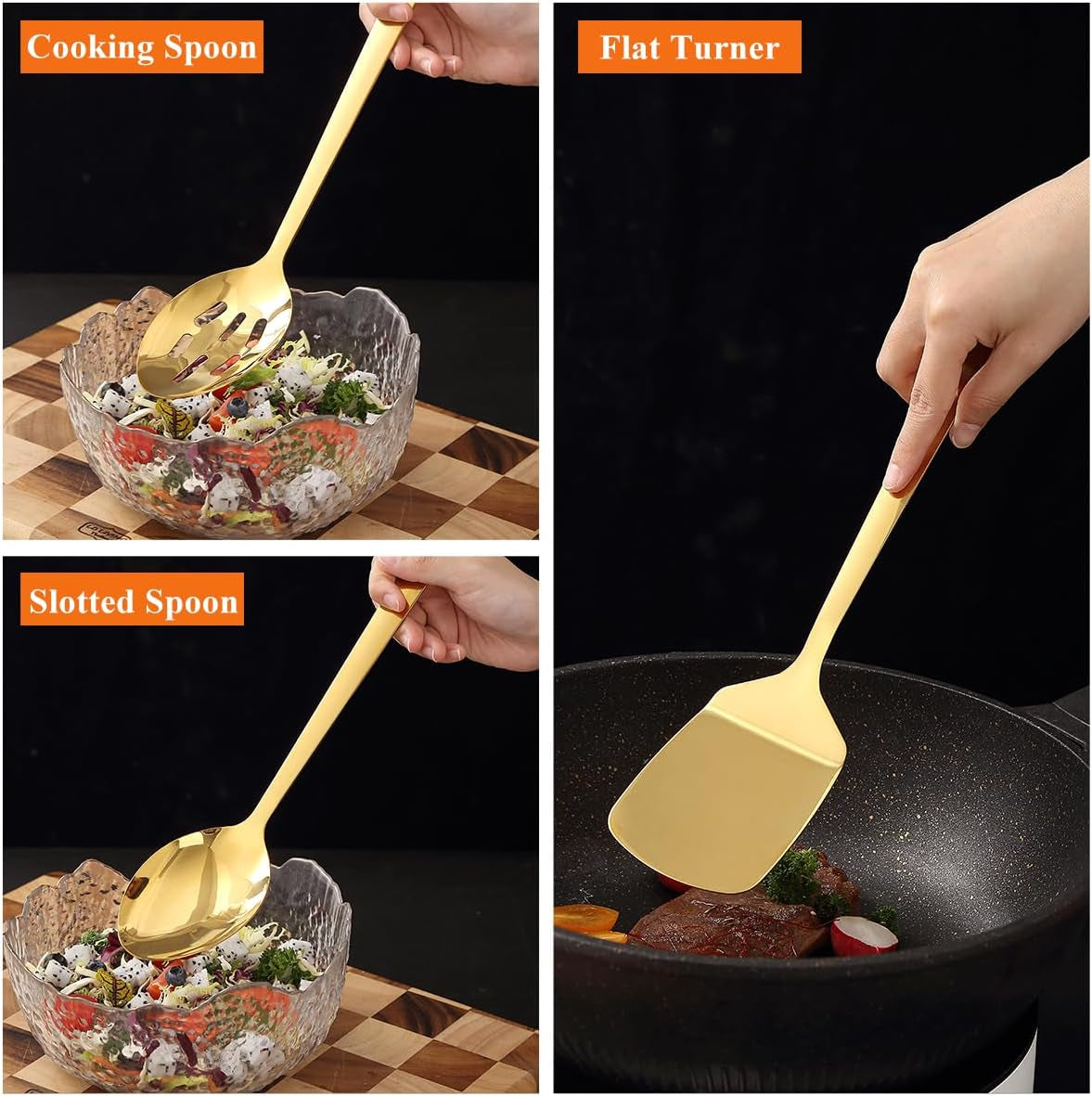 Homquen Gold Küchenutensilien Set 4Pcs, Titan Gold Beschichtung Edelstahl Kochutensilien Set, Küchenwerkzeuge Spatel Set, Kochlöffel, Home Essentials Küchengeräte Zubehör