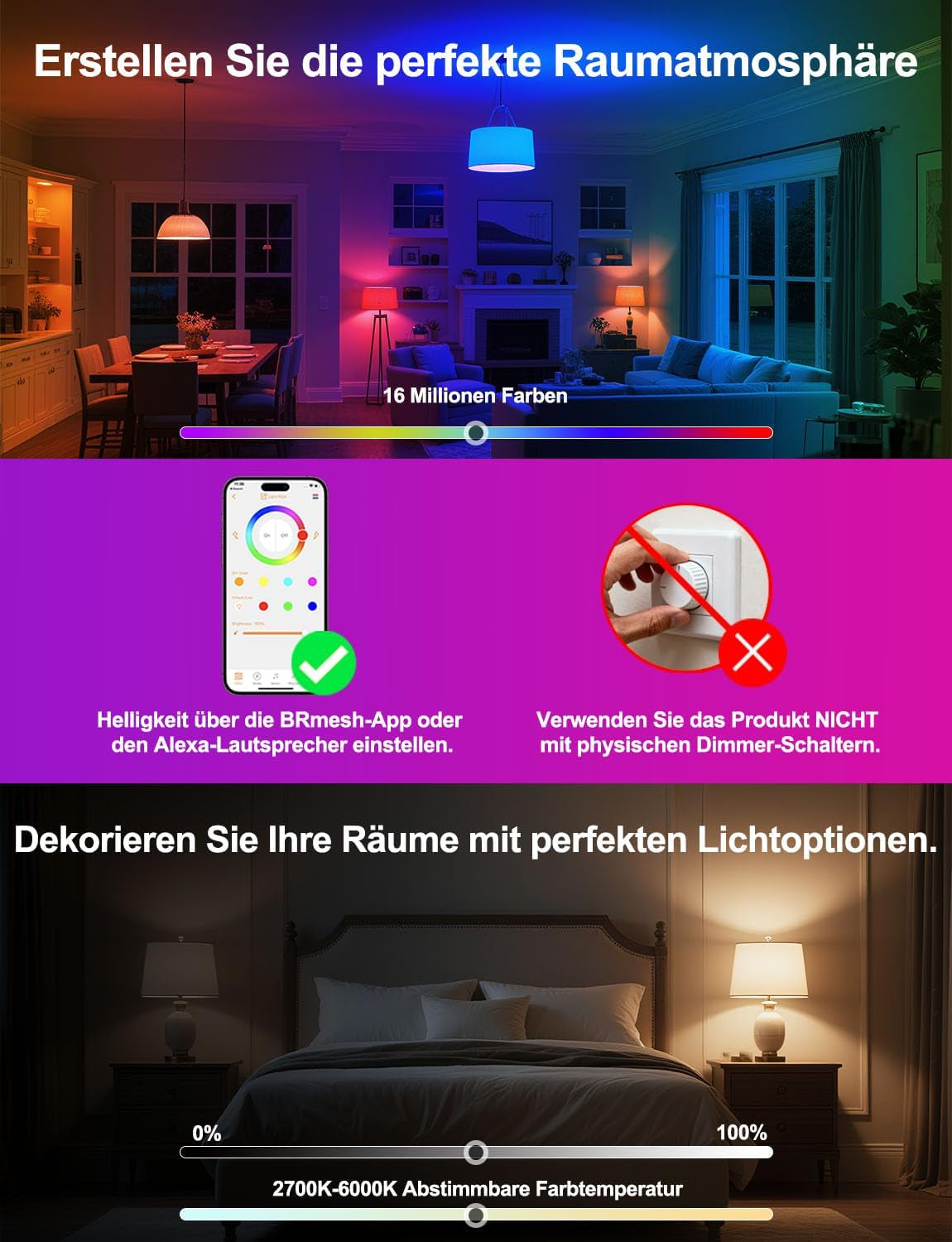 Ilc Alexa-Glühbirnen, Funktioniert Mit Alexa (Echo-Geräte Erforderlich), 12 W E27 Schraube, LED, Smart-Glühbirne, Farbwechsel, Farbtemperatur, Abstimmbar, 2700 K-6000 K + RGB (4 Stück)