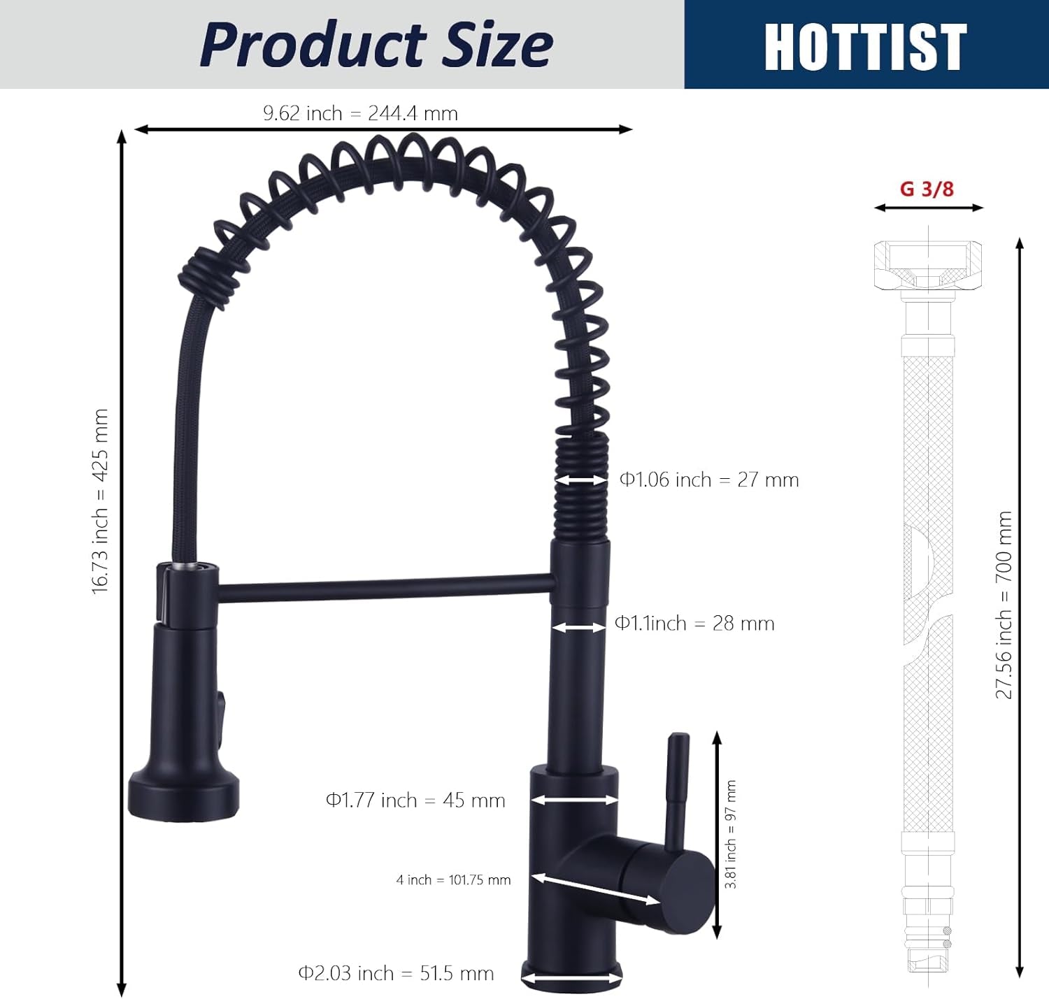 Wasserhahn Küche Schwarz, Hochdruck Küchenarmatur Mit Brause Ausziehbar, Hoher Bogen Mischbatterie Küche 360°Drehbar 2 Sprühfunktionen, Spiralfeder Spültischarmatur Edelstahl, Mattschwarz