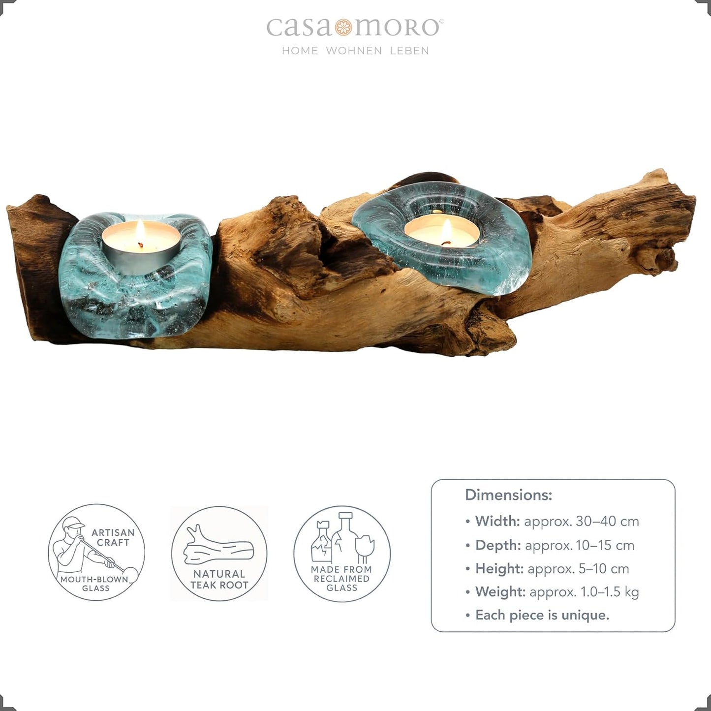 Teelichthalter Glas Und Holz, Tisch Deko Wurzelholz Aus Teakholz Stamm Holzschale - 2Er Für Zwei Teelichter