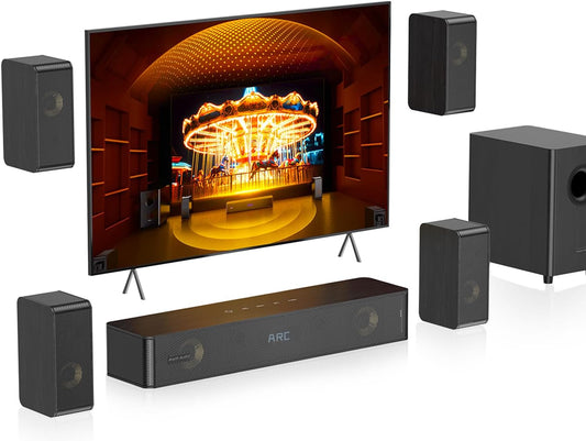 Hölzern 5.1.2CH Soundbar Für TV Geräte, 4 Surround-Lautsprecher, 400W Spitzenleistung, Heimkino Virtual Surround Soundsystem Sound Bar Mit 5.25'' Subwoofer, Arc/Optisch/Bt 5.3/AUX/USB, Hipulse N512