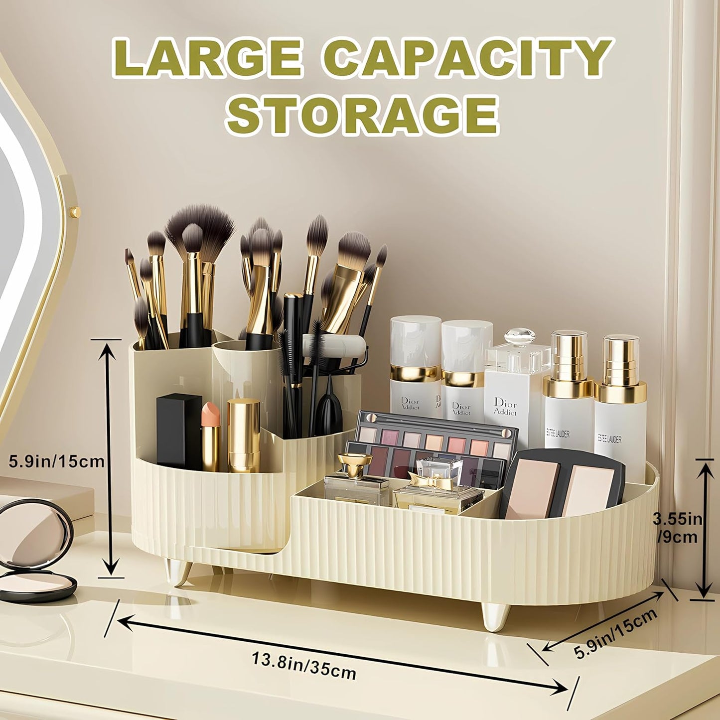 Make up Organizer 360° Drehbar, Großer Bad Kosmetik Organizer Mit Aufbewahrungsbox Für Schminktisch – Inkl. Makeup Pinsel Reiniger (Beige)