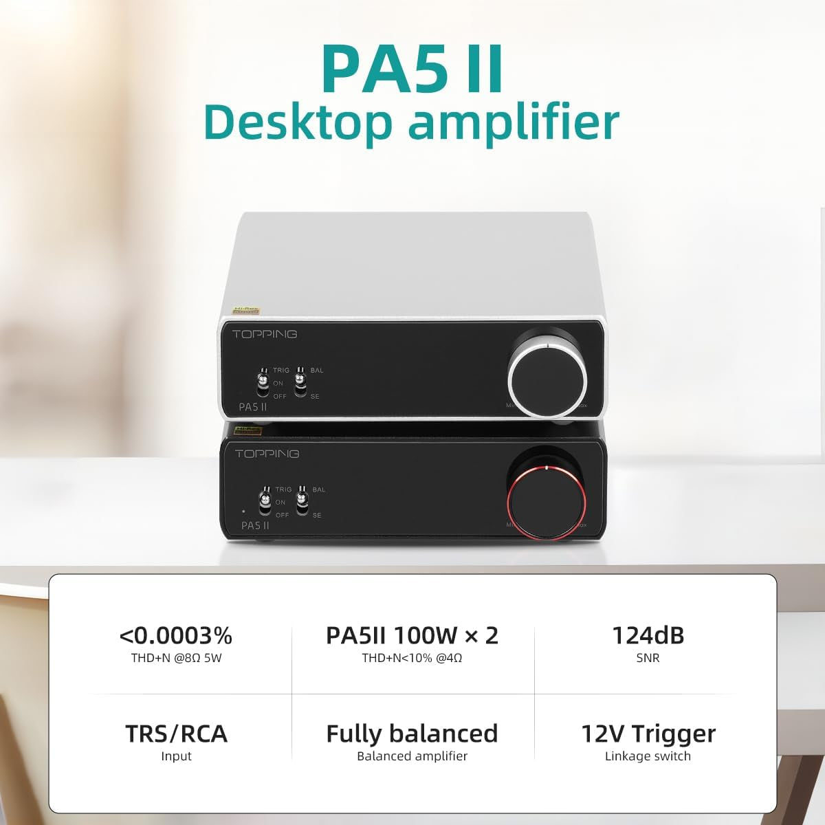 Topping PA5 II Hifi-Leistungsverstärker 100W X 100W Full Balanced Amplifiers TRS/RCA Input Desktop Home Audio Class D Amp (Schwarz)