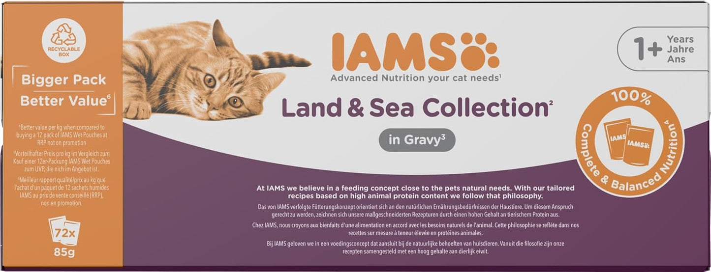 IAMS Delights Land & Sea Collection Katzenfutter Nass - Multipack Mit Fleisch Und Fisch Sorten in Sauce, Nassfutter Für Katzen Ab 1 Jahr, 72 X 85 G