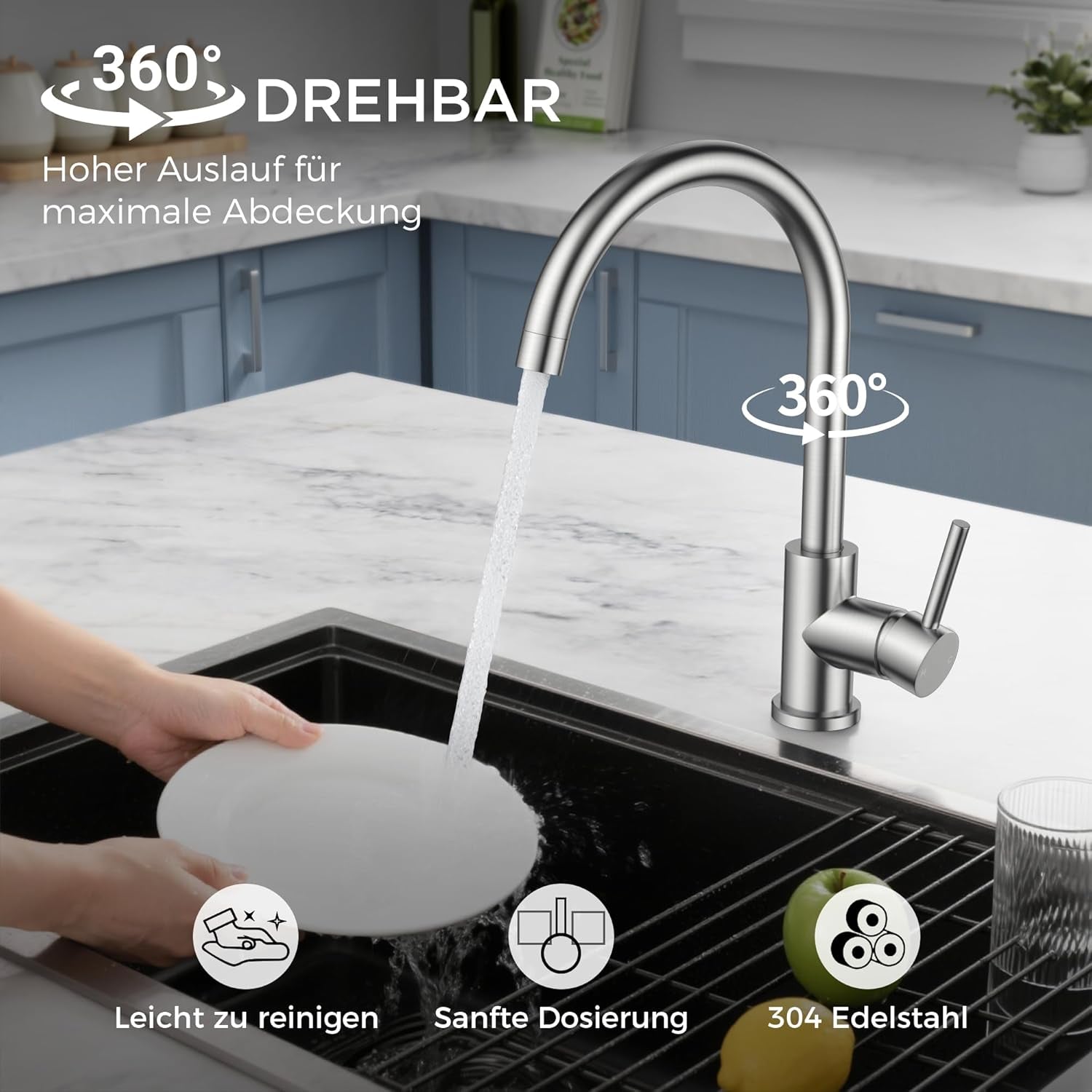 FORIOUS Wasserhahn Küche, Mischbatterie Armatur, Edelstahl, 360° Schwenkbar, Einhebel-Warm- Und Küchenarmatur, Edelstahl, Auslaufhöhe 238 Mm, Fingerzug