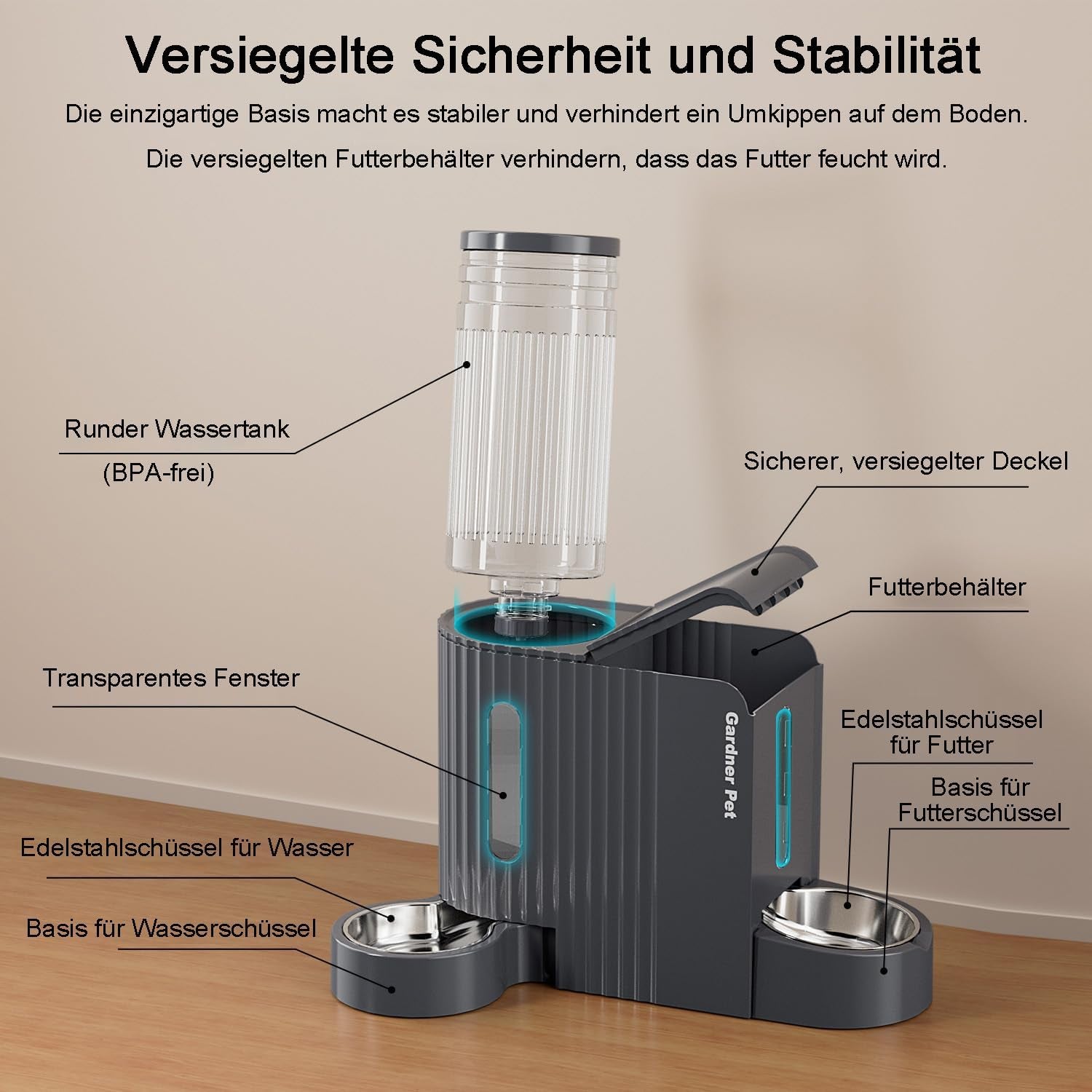 Gardner Pet Automatischer Futterspender Für Katzen/Hunde 2 Näpfe(3L*2), Futterautomat Katze Und Wasserspender Hund Mit Edelstahlschüssel, Ohne Strom, BPA Frei, Gravitation Katzenfutter Automat (Grau)