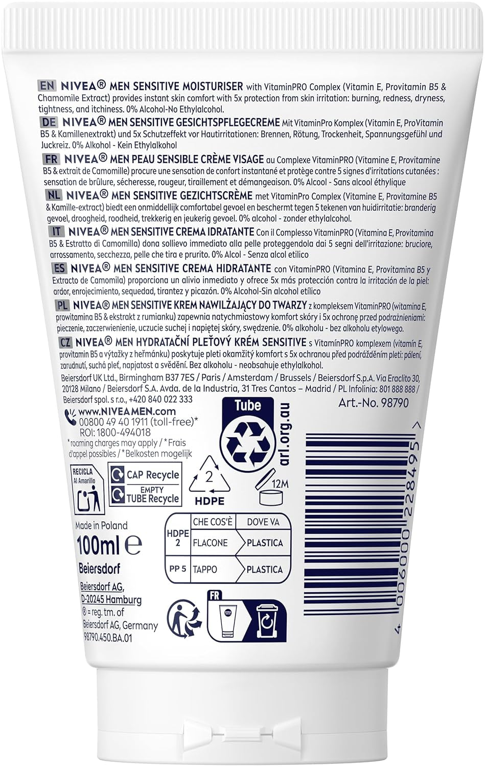 NIVEA MEN Sensitive Moisturiser, 24H Feuchtigkeitscreme Für Empfindliche Männerhaut, Beruhigende Gesichtscreme Zur Linderung Von Hautirritationen (100 Ml)