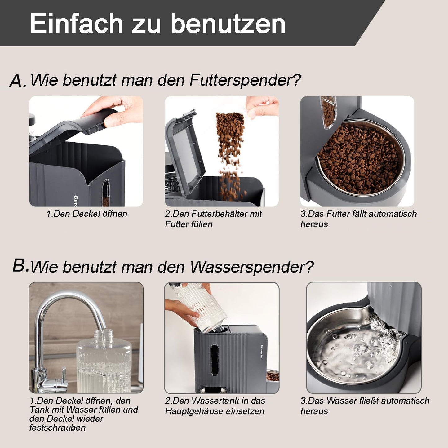 Gardner Pet Automatischer Futterspender Für Katzen/Hunde 2 Näpfe(3L*2), Futterautomat Katze Und Wasserspender Hund Mit Edelstahlschüssel, Ohne Strom, BPA Frei, Gravitation Katzenfutter Automat (Grau)