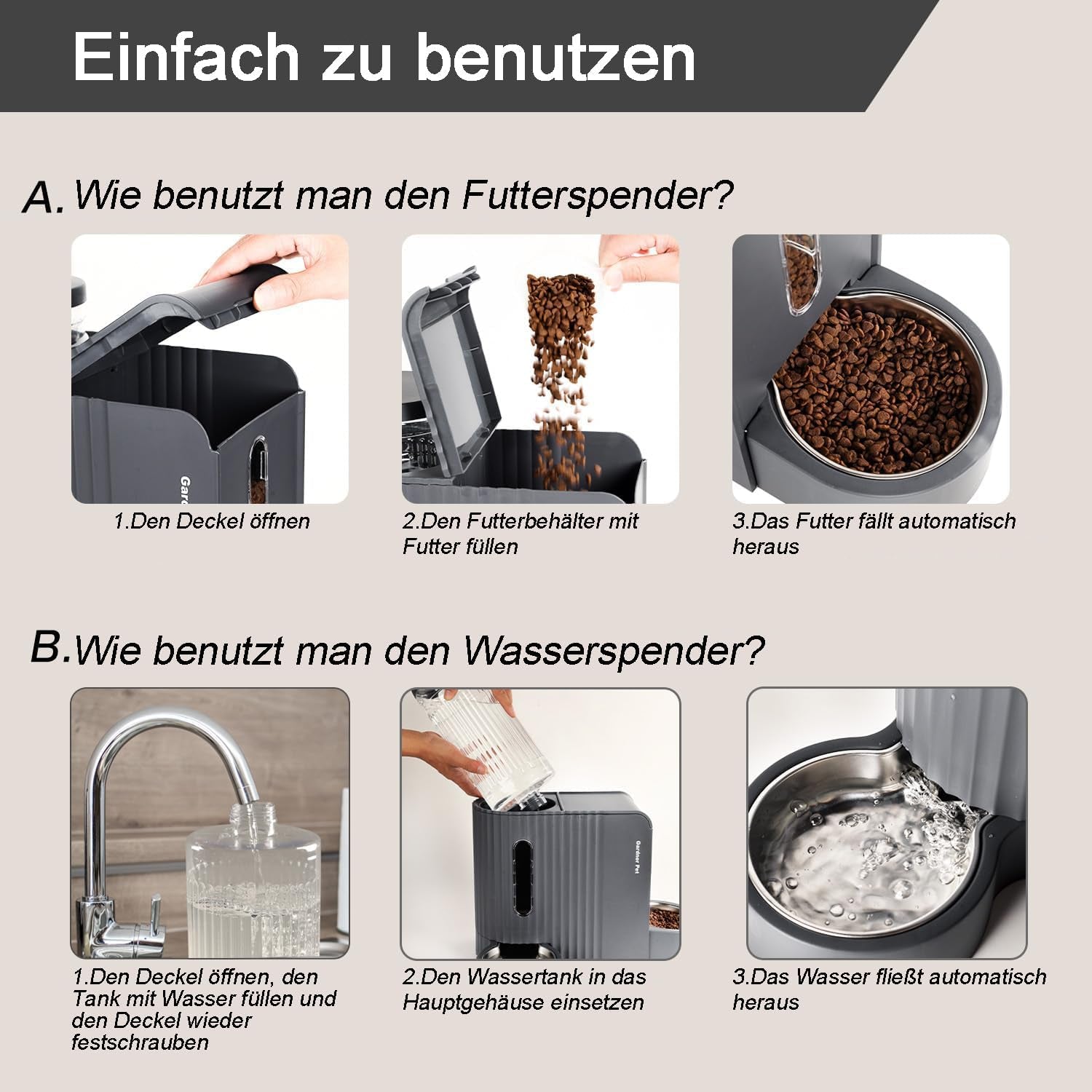 Gardner Pet Automatischer Futterspender Für Katzen/Hunde 2 Näpfe(3L*2), Futterautomat Katze Und Wasserspender Hund Mit Edelstahlschüssel, Ohne Strom, BPA Frei, Gravitation Katzenfutter Automat (Grau)