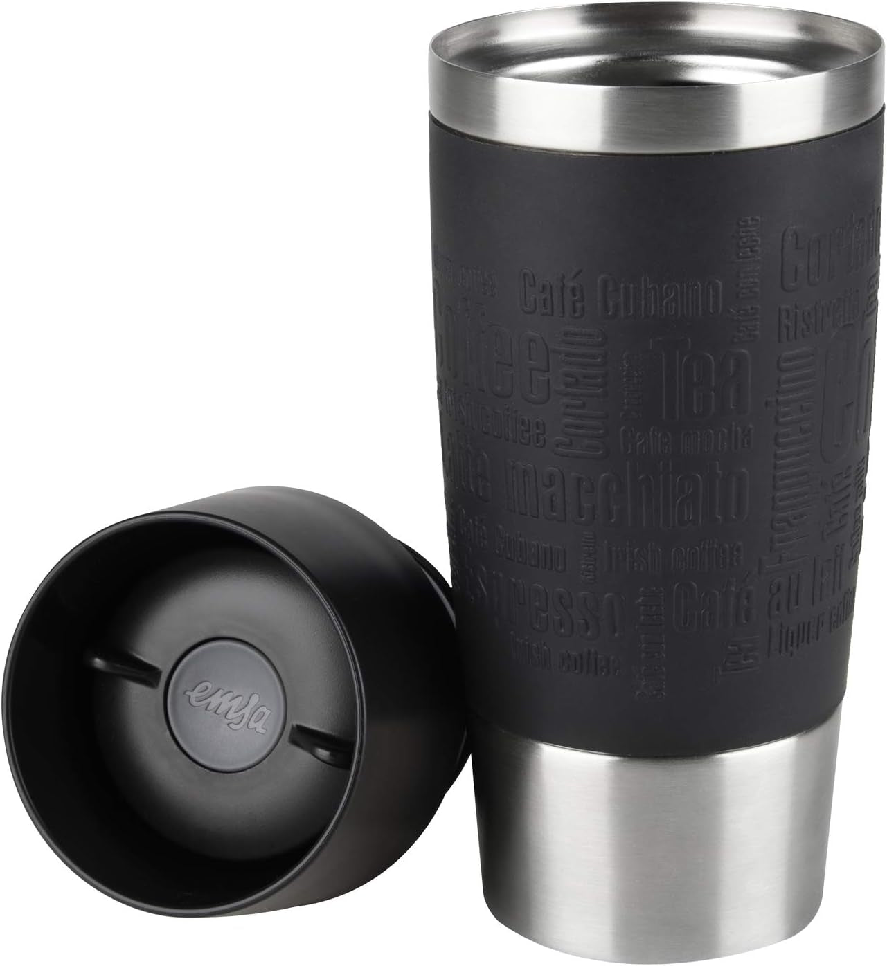 Emsa Travel Mug Classic Thermobecher, 360 Ml, Isolierbecher Hält 4H Heiß, 8H Kalt, 100 Prozent Dicht, Auslaufsicher, Quick-Press-Verschluss, 360 Grad-Trinköffnung, Kaffeebecher to Go, Schwarz, 513361