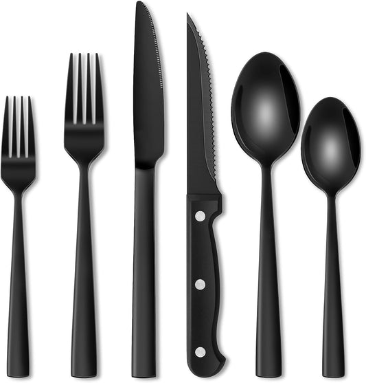 36 Teiliges Edelstahl Besteckset Mit Steakmesser Schwarz, Besteck Set 6 Personen, Elegantes Essbesteck Set Mit Messer Gabel Löffel, Tafelbesteck Für Haus/Party/Restaurant, Spülmaschinenfest